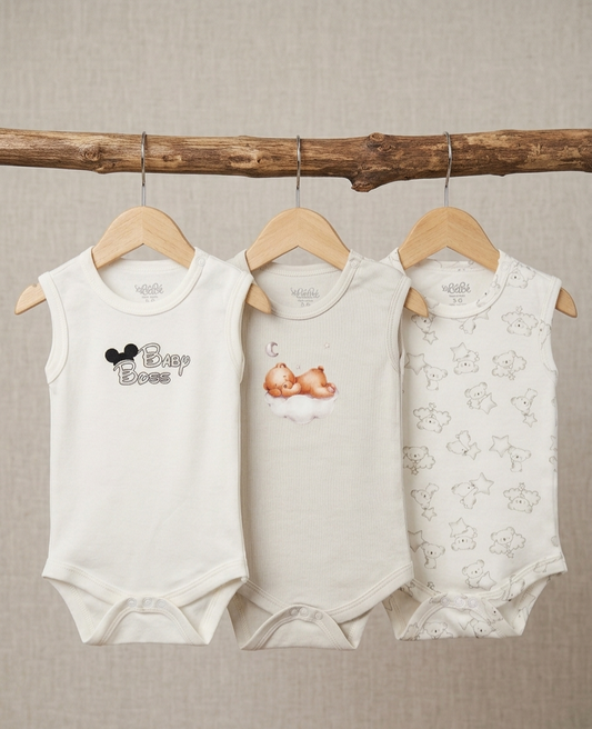 A Pack Of 3 Pieces Sleveeless Baby UnderWear Cotton 100% , MultiColoure