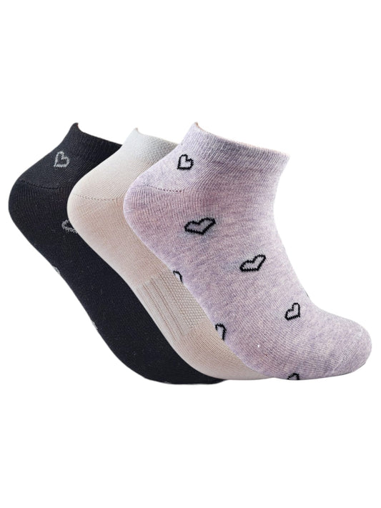 A Pack Of Ankle Socks Heart Shaped Multicolor, 3 Pieces For Women&Kids