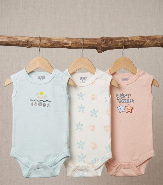 A Pack Of 3 Pieces Sleveeless Baby UnderWear Cotton 100% , MultiColoure