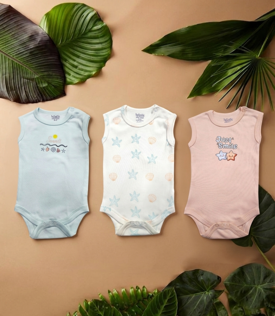 A Pack Of 3 Pieces Sleveeless Baby UnderWear Cotton 100% , MultiColoure