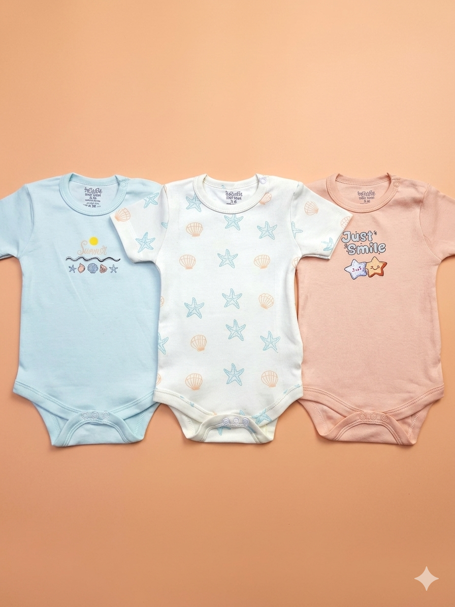 A Pack Of 3 Pieces Half Sleeve Baby UnderWear Cotton 100% , MultiColoure